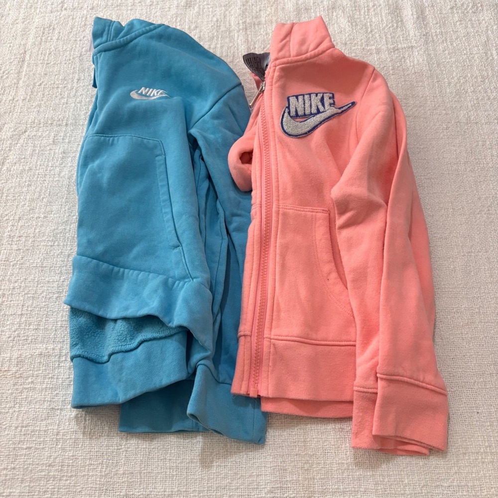 Nike Girls Zip Up Hoodie Bundle Blue Pink Fleece Sweatshirts Size S 6X 7 Lot 2